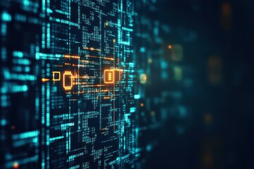 Obraz premium A maze of binary code, glowing softly against a dark background, side view, representing encrypted data systems, advanced tone, Monochromatic Color Scheme