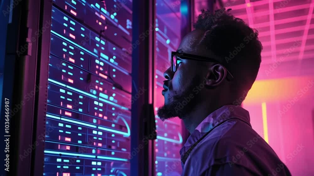 Poster A technician stands intently in front of illuminated server racks, closely inspecting data lights in a contemporary data center during the evening.