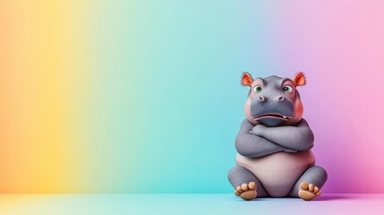A snarky baby hippo sitting with crossed arms, vibrant 3D cartoon style, sarcastic expression, pastel background