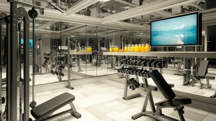 A sleek 80s home gym with state-of-the-art equipment