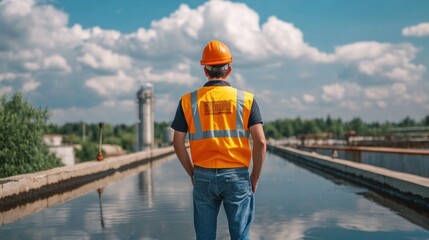 Engineer in safety gear, reflective vest and hard hat, surveying sprawling water treatment facility