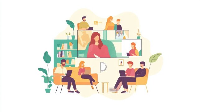 A group of friends having a virtual meeting on a video conference platform, Modern lifestyle scene, Social style