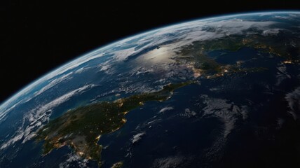 Obraz premium Earth, Civilization, Light, Glow, Radiation, Planet, Space, Universe, Continents, Land, Water, Seas, Cities