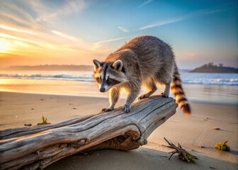 playful curious raccoon exploring weathered driftwood log on beach during sunset, showcasing its adventurous spirit against beautiful coastal backdrop