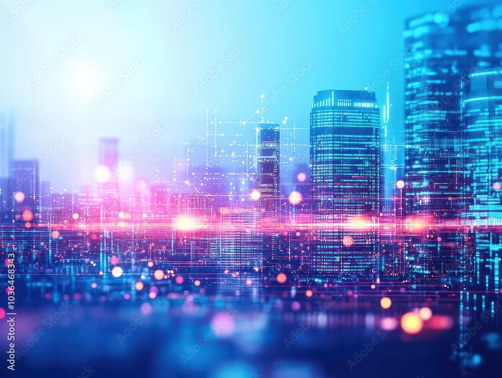 Aufkleber Abstract city skyline with glowing digital particles and tech patterns close up