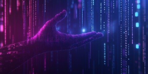 Digital Hand Cradling a Growing 3D Stock Market Chart, Surrounded by Major Stock Indices and Data Streams, High-Quality Tech-Themed Financial Artwork in Blue and Purple