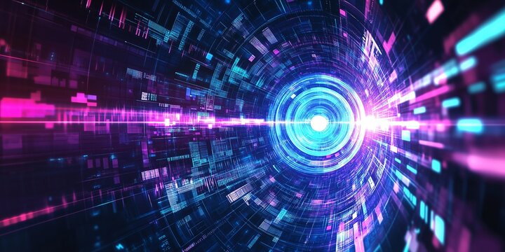 Geometric Abstract Target with Vibrant Colors, Data Streams, and Digital Elements, Created with Glowing Lines, Technology-Themed in a High-Resolution 3D Render