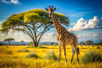 Obraz premium curious giraffe stands gracefully in sun drenched savannah, surrounded by vibrant yellow flowers and majestic tree. serene landscape evokes sense of wonder and tranquility