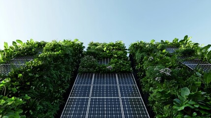 Fototapeta premium A sustainable building design with vertical gardens and solar panels beneath a clear sky. Eco-conscious architecture includes vertical gardens and solar panels for energy-efficient urban living.