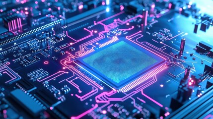 Obraz premium Abstract futuristic motherboard with luminescent circuits, flowing electric pulses, holographic data streams, cyberpunk aesthetics, deep blue and silver tones