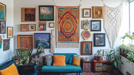 A stylish 70s gallery wall featuring an eclectic mix of art pieces