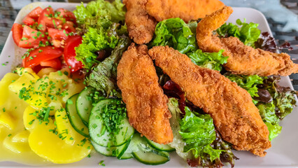 Crispy, golden-brown chicken strips, a fresh salad with tomatoes, lettuce, and cucumbers, and a side of potato salad. The backhendl is breaded and fried, while the salad is tossed in a light dressing