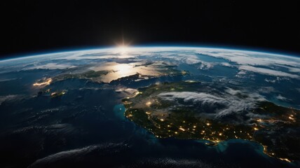 Fototapeta premium Earth, Civilization, Light, Glow, Radiation, Planet, Space, Universe, Continents, Land, Water, Seas, Cities
