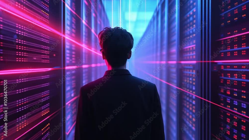 Aufkleber standing in a modern data center, a person in a suit observes the vibrant lights and numerous server