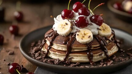 Chocolate Pancakes with Cherries and Bananas
