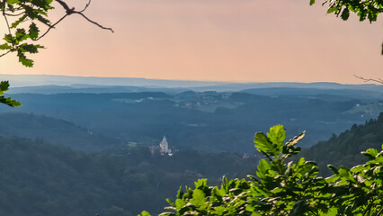 Scenic view of Schloss Herberstein in Stubenberg, Styria, Austria. Historic castle nestled amidst...