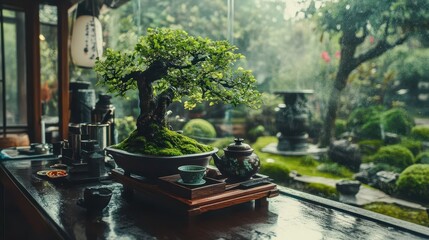 Obraz premium Bonsai tree in a Japanese garden with a teapot and teacups on a table.