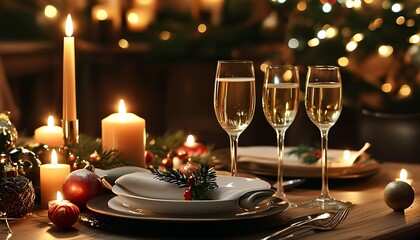 A festive table setting for a magical holiday celebration with elegant candles and sparkling glasses