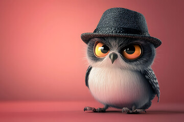 Fototapeta premium A cute cartoon owl wearing a stylish hat, exuding charm and personality.