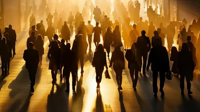 A large group of people walking down a street in the sun. The people are walking in the shadows of the sun, creating a sense of depth and movement. The scene is bustling and lively
