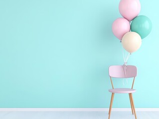 Balloons tied to a chair in a vintagethemed room with pastel tones, flat design, top view, tea party theme, 3D render, Complementary Color Scheme