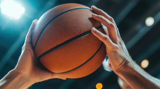 A close-up shot of a basketball player’s hands gripping the ball tightly as they prepare for a jump shot
