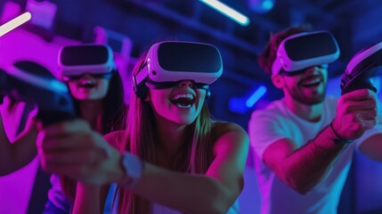 A group of friends participating in a virtual reality escape room experience, illustrating the immersive and collaborative gaming trends in modern entertainment, Modern lifestyle scene