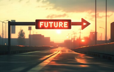 A detailed scene of an open road with "FUTURE" and an arrow pointing forward, leading towards a bright horizon, embodying hope, future success, and the promise of new opportunities 