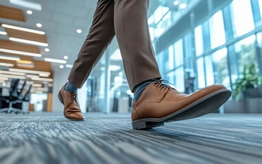 A dynamic shot capturing the feet of a businessman wearing a brown suit, walking briskly in an office open space