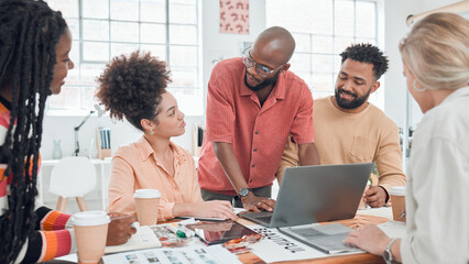 Laptop, planning and workshop with business people in office for visual merchandiser, campaign layout or branding. Creative director, idea and consulting with employee for design, launch and meeting