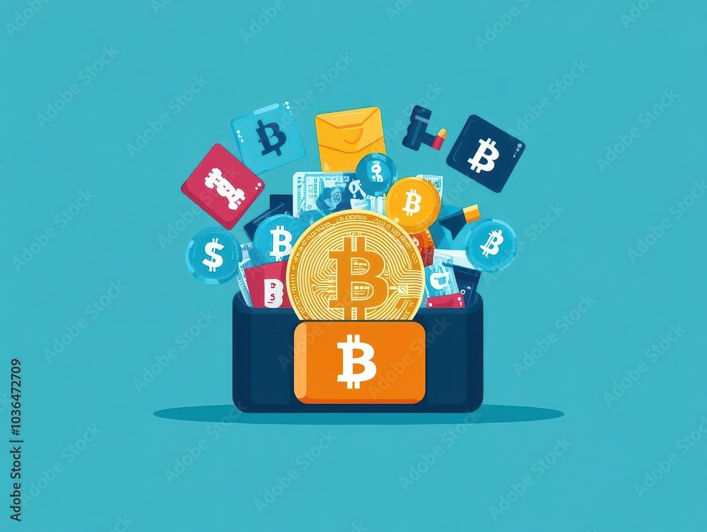 Aufkleber Bitcoin coin inside a digital wallet flat design top view fintech theme animation Splitcomplementary color scheme