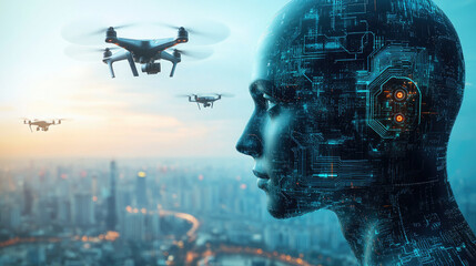 Robot heads, urban buildings, and drones