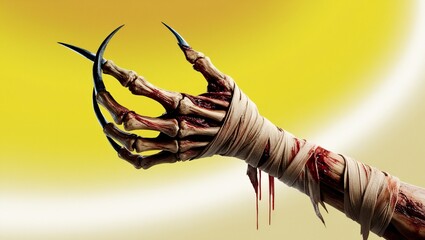 A scary hand in bandages on a yellow background, Halloween day