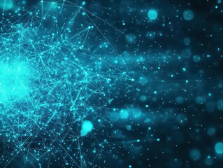 Fototapeta premium Blue particle burst, glowing energy trails, dark abstract background, digital effect