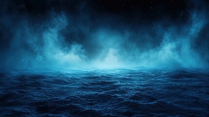Obraz premium A tranquil night scene over a calm ocean, illuminated by soft blue hues and mysterious mist rising from the water’s surface