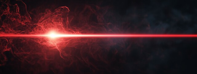 Red energy laser beam with glowing flare effect on dark background copy space for text