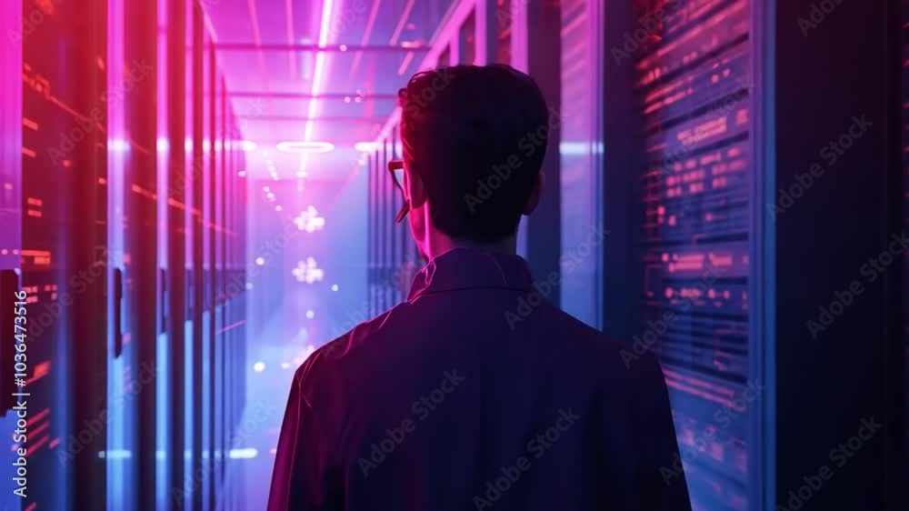 Leinwandbilder A technician stands in a high-tech data center, overseeing rows of servers highlighted by colorful lights. The atmosphere is dynamic and futuristic, showcasing technology in action.