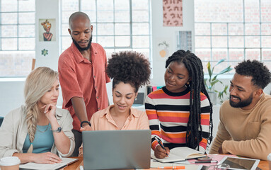 Teamwork, laptop and design with business people in office for visual merchandiser, campaign layout...