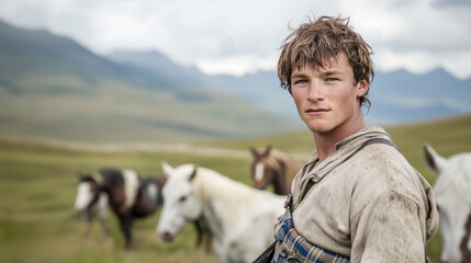 Obraz premium Australian man wearing traditional Scottish kilt cloth in the highlands