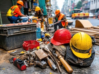 Fototapeta premium Construction workers tools and equipment scattered on the street, with hard hats in the foreground.