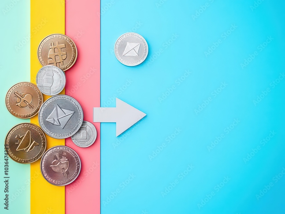 Poster Coins with a downward arrow flat design top view inflation theme 3D render Triadic Color Scheme