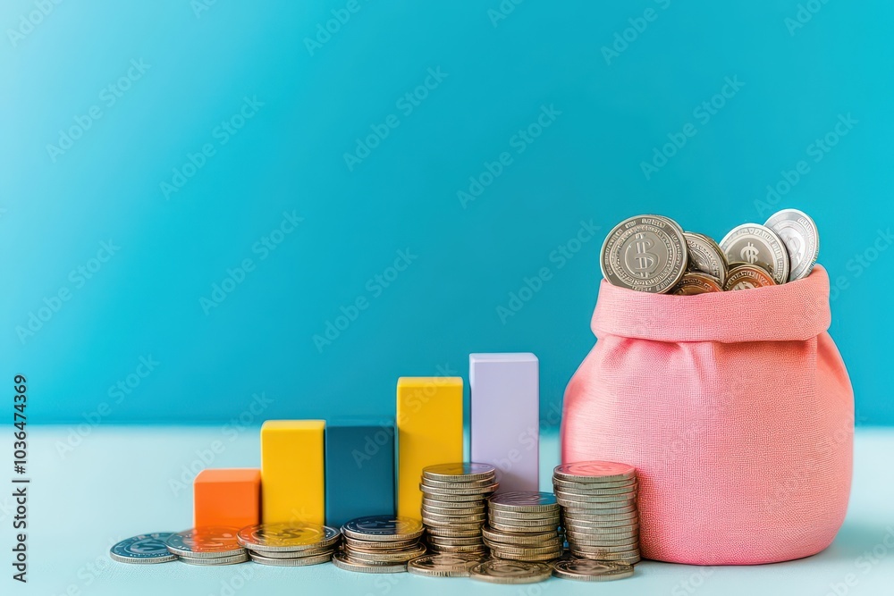 Poster Coins with money bag and bar chart flat design top view wealth management theme 3D render Complementary Color Scheme