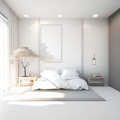 Photo of bedroom interior in  Boho minimalist boho style, rattan armchair and decorative plant branch in beige colours