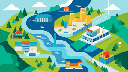 In the community center a large map displayed the potential for utilizing local hydroelectric power from nearby rivers and streams.. Vector illustration