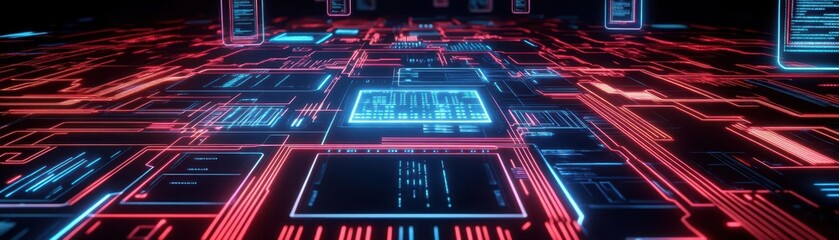 Obraz premium Complex cyber circuit board with glowing neon red and blue lines, holographic floating data panels, deep black background, futuristic AI technology, 3D render