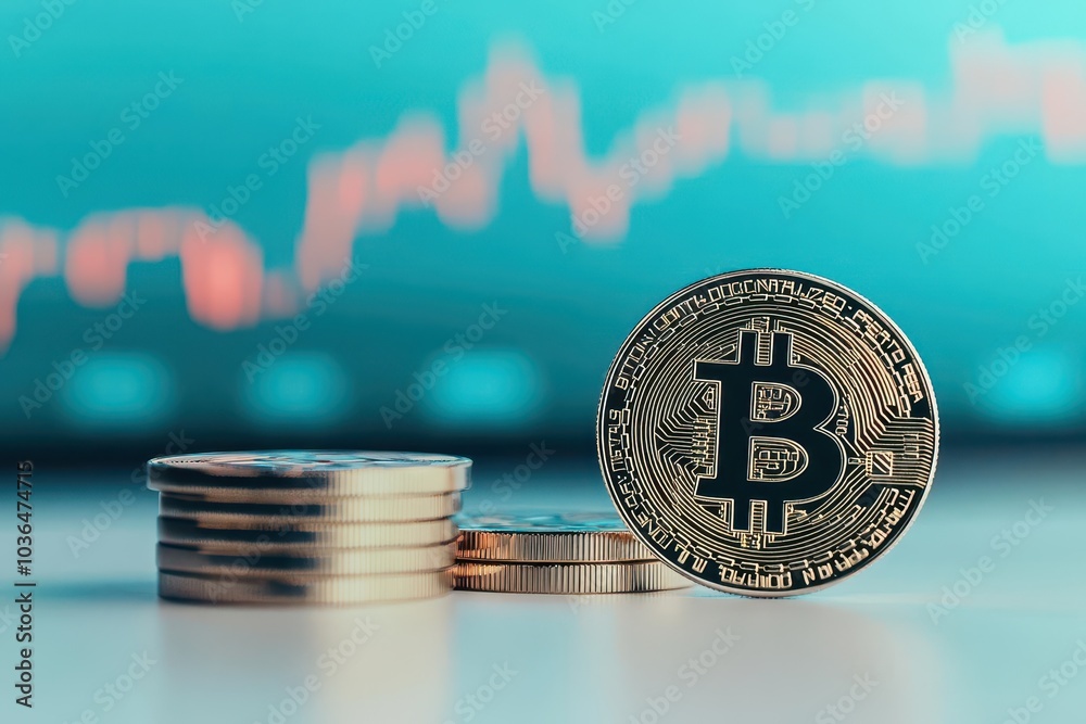 Poster Crypto coin with fluctuating graph flat design side view stock market theme 3D render Triadic Color Scheme