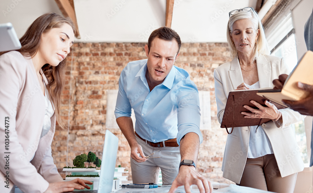 Aufkleber Man, group and architect with documents, office and circle for ideas, blueprint and solution with project. Team, women and scrum with discussion, creativity and writing notes for property at startup