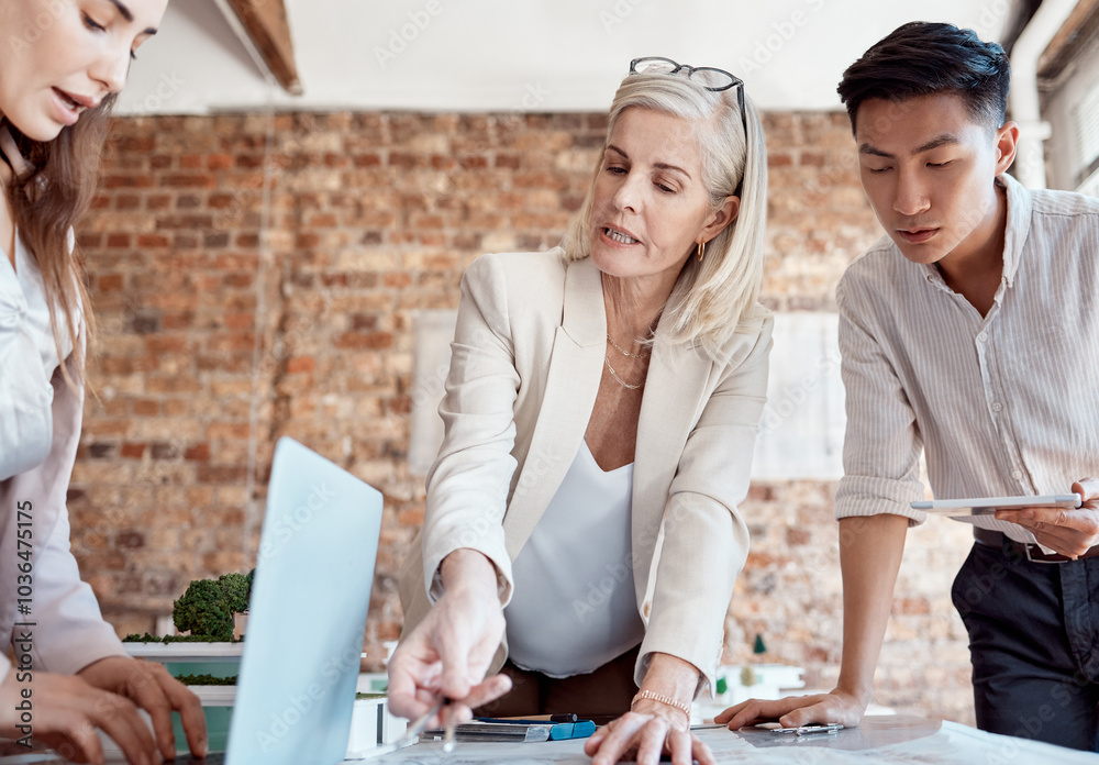 Aufkleber woman, group and architect with documents, office and circle for ideas, blueprint and solution with 