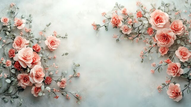 Pink roses arranged on a light blue background, creating a romantic and elegant design.