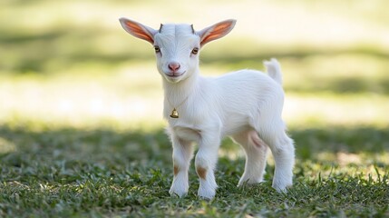 Obraz premium A small white goat kid with a golden bell around its neck stands in a grassy field, looking directly at the camera.